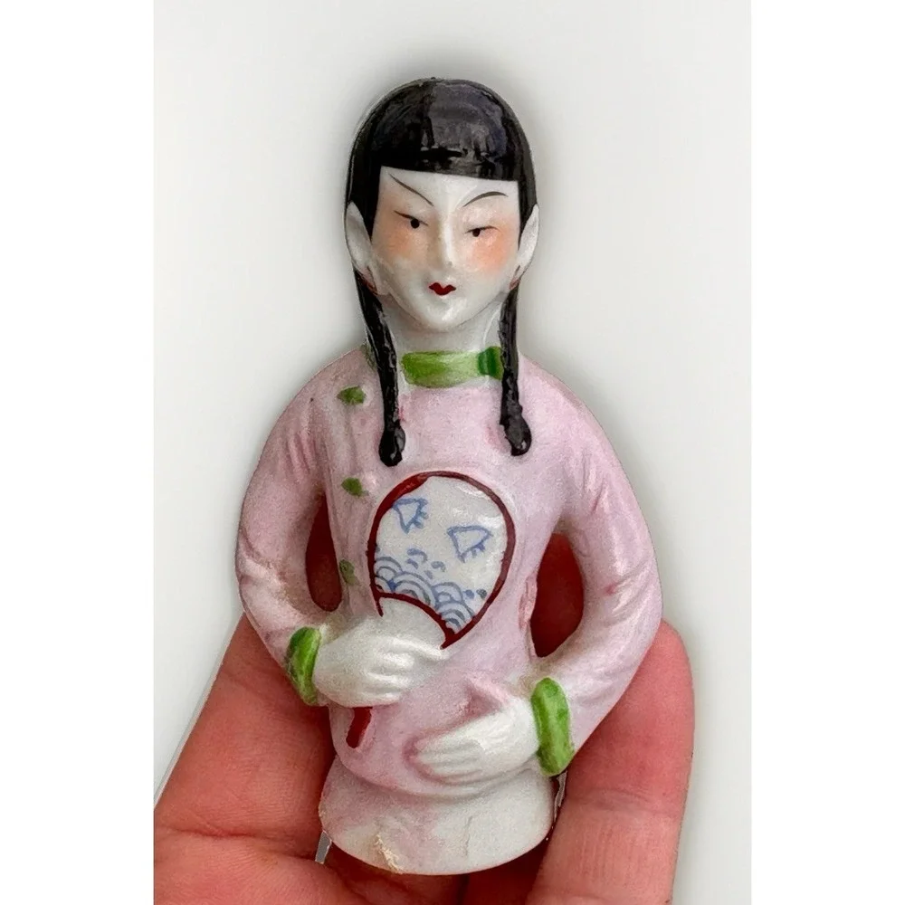 Antique Flapper Half Doll Pincushion Asian Lady W Fan